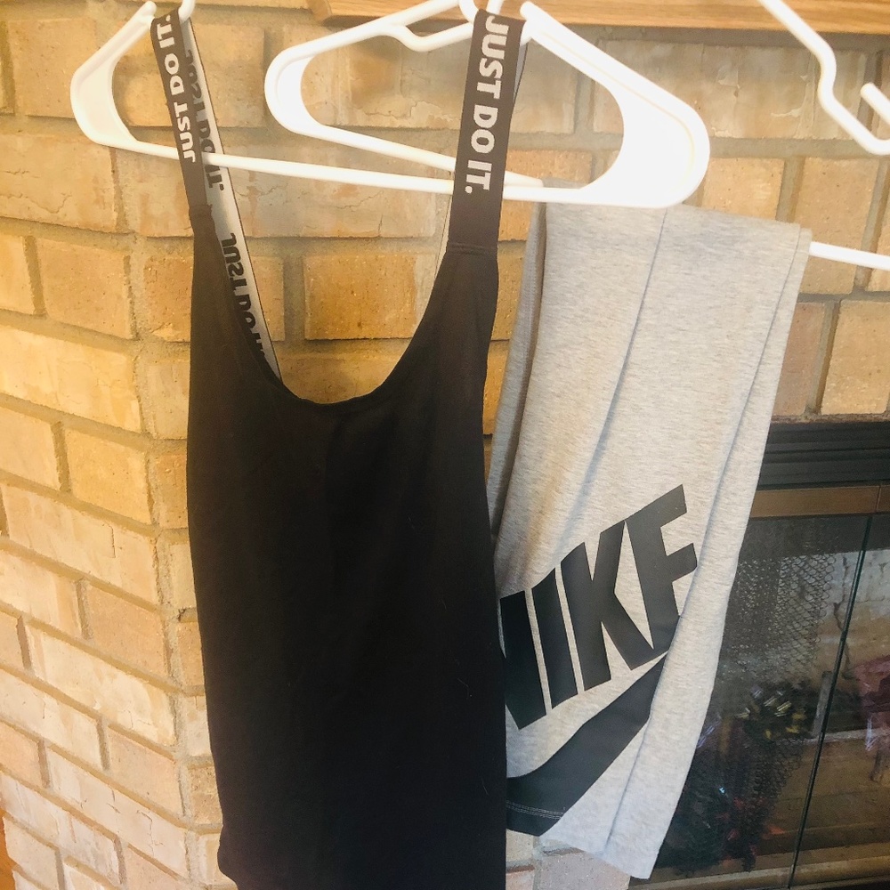 Nike brand criss cross back workout tank top and bottoms set black and grey